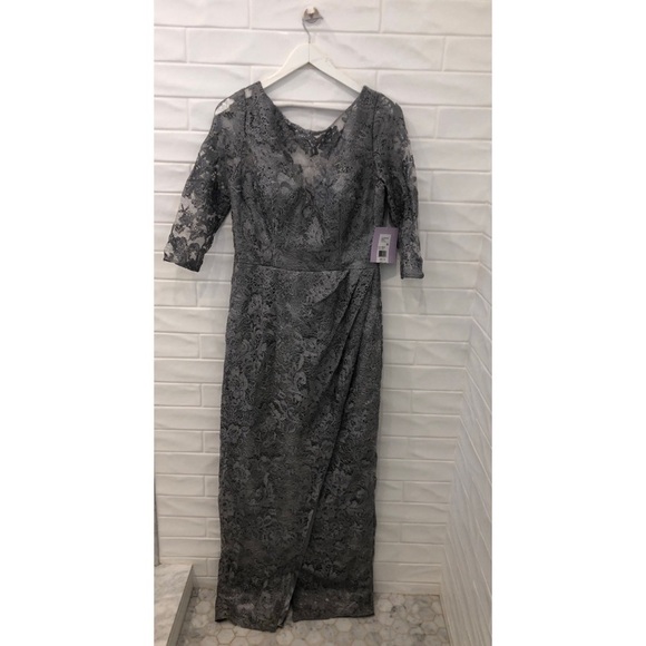 JS Collections Womens Silver Lace Faux-Wrap Evening Dress Gown - Picture 3 of 9
